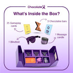 Check what is inside the sex chocolate- Bliss Box by ChocolateX. You will get 25 gameplay cards, 3 chocolatex bars, 1 massage candle, 1 blindfold.